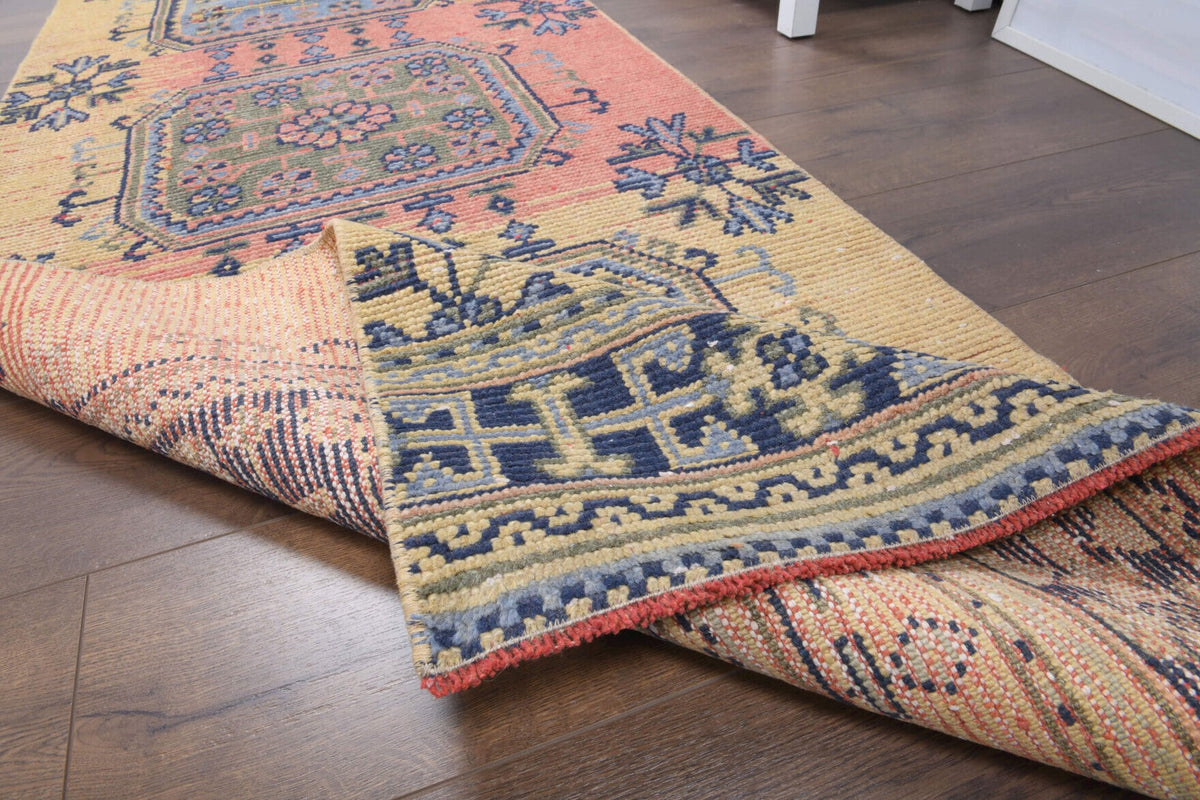 Vintage yolluk 82x330 cm – turuncu, bej ve kahverengi çiçek desenli, el dokuma