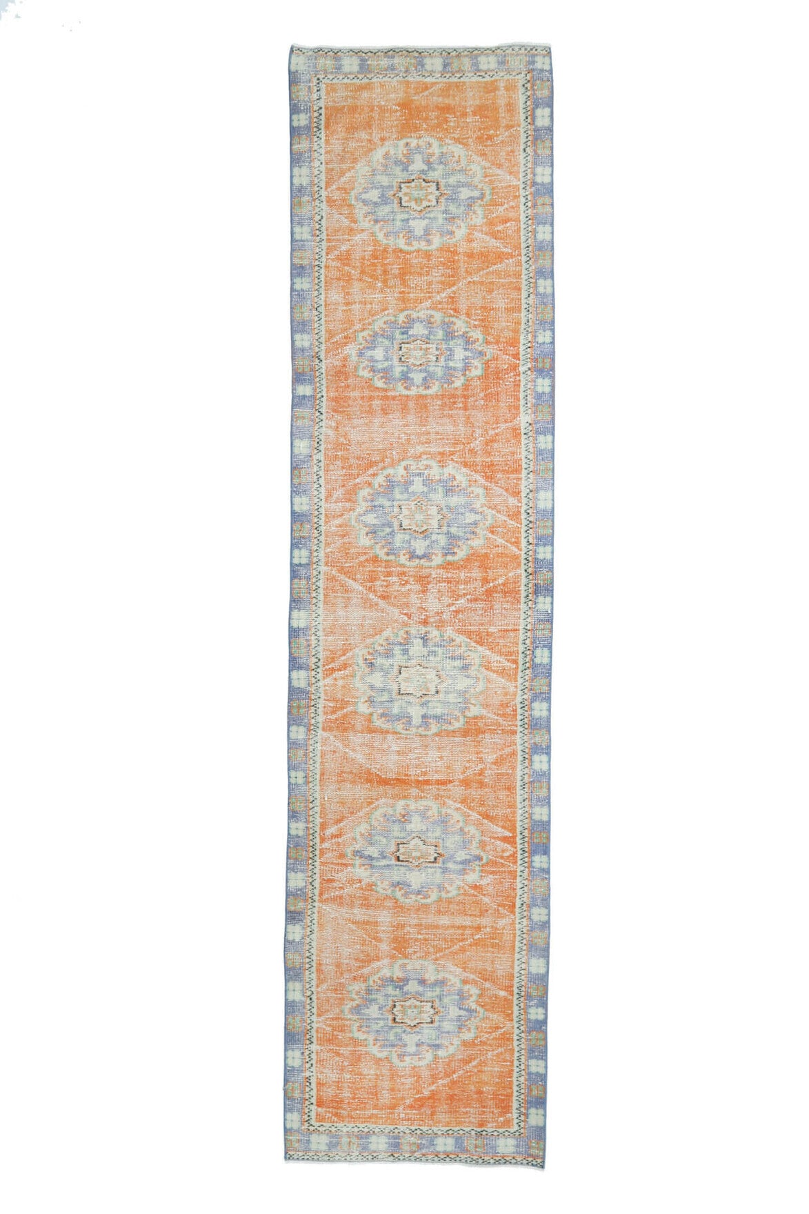 77x325 cm turuncu, gri ve bej oryantal desenli el dokuma vintage yolluk – üstten tam görünüm