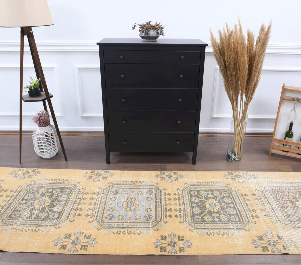 El yapımı vintage yolluk 97x391 cm çiçek desenli desenli yün - detay görünümü