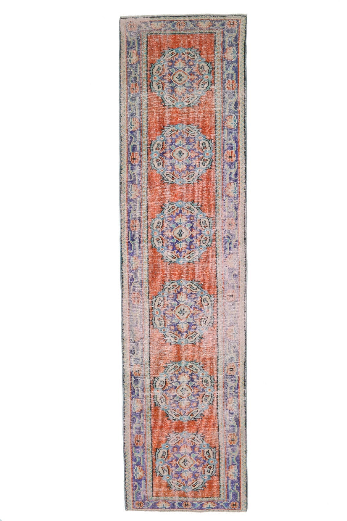 90x353 cm pembe, turuncu ve gri oryantal desenli el dokuma vintage yolluk – üstten tam görünüm