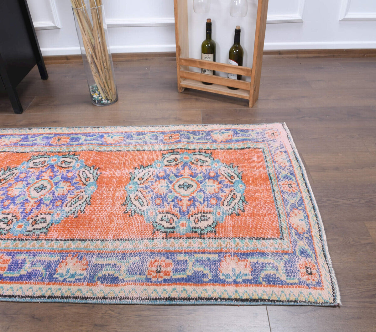 Vintage yolluk 90x353 cm – pembe, turuncu ve gri oryantal desenli, el dokuma