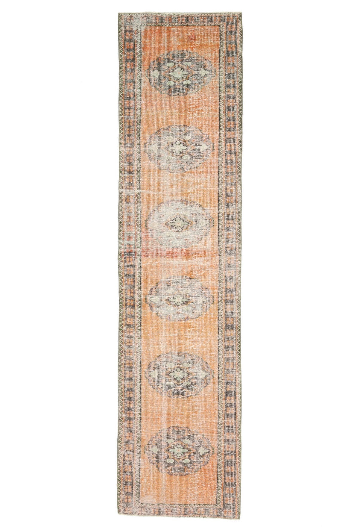 85x340 cm turuncu ve bej oryantal desenli el dokuma vintage yolluk – üstten tam görünüm