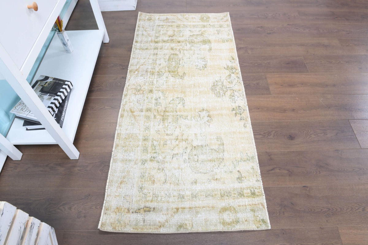 El yapımı vintage halı 76x165 cm oryantal desenli yün - yakın çekim doku detayı