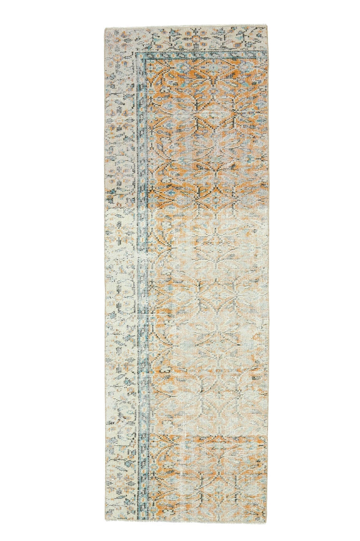78x235 cm bej ve turuncu çiçek desenli el dokuma vintage yolluk – üstten tam görünüm