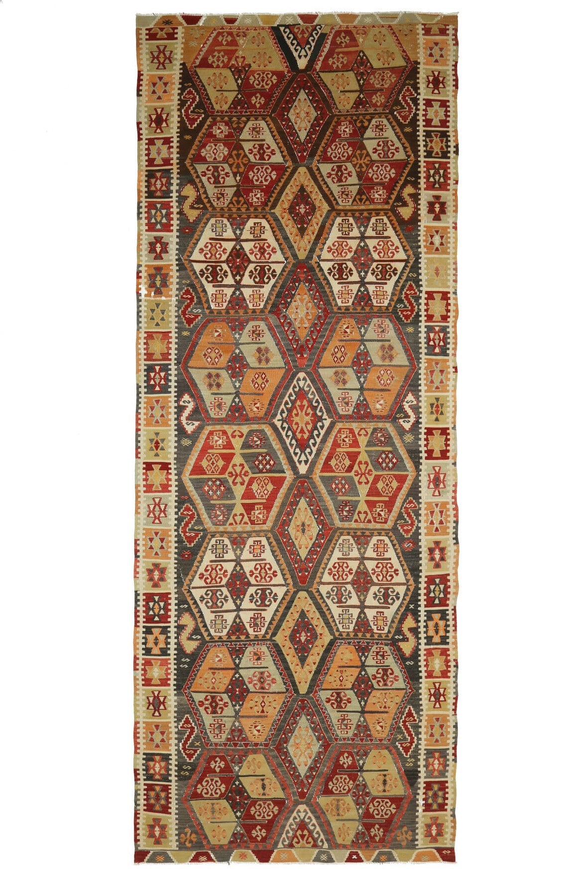 160x427 cm kahverengi ve turuncu kilim motifli vintage kilim yolluk – üstten tam görünüm