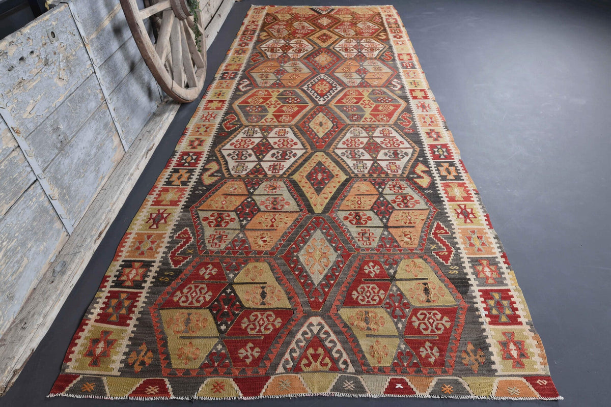 El yapımı vintage yolluk 157x427 cm kilim desenli yün - detay görünümü