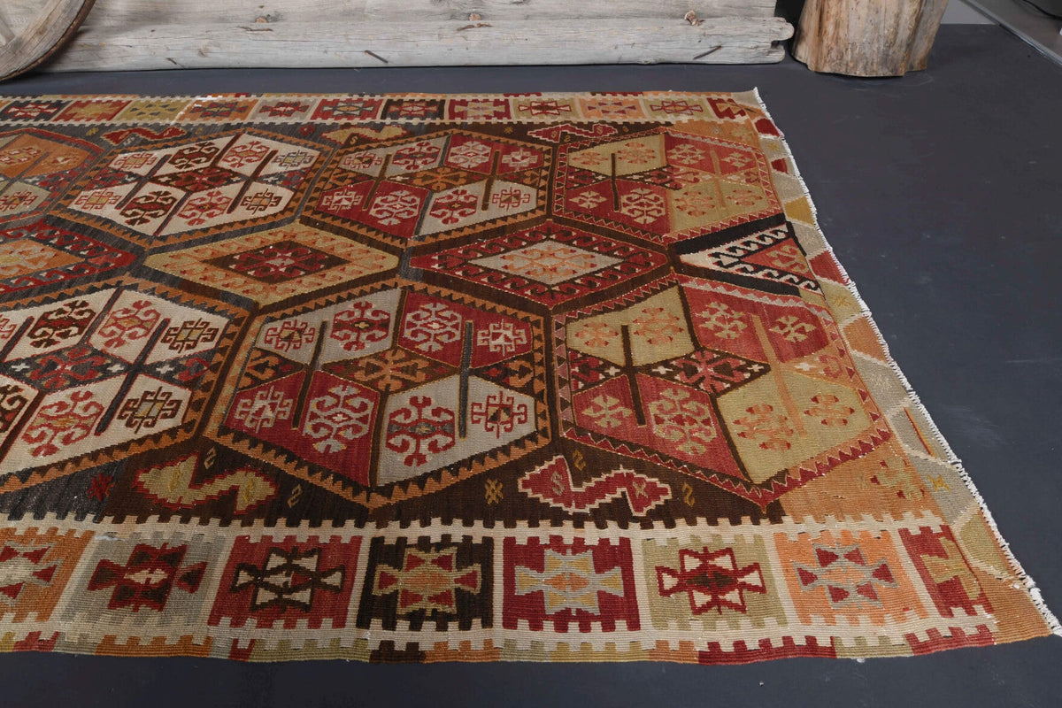 Kahverengi ve turuncu renkli vintage kilim yolluk, %100 yün dokuma