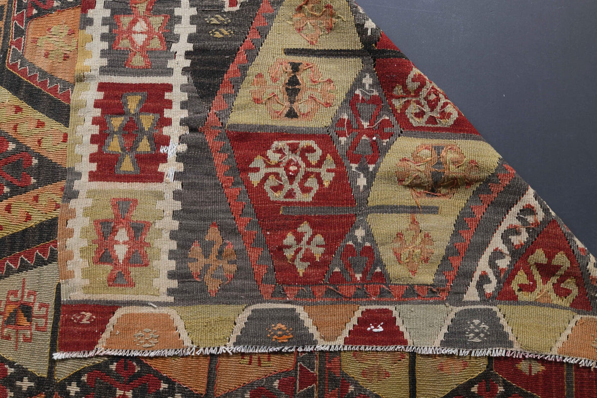 Vintage yolluk 160x427 cm – kahverengi ve turuncu kilim motifli, el dokuma
