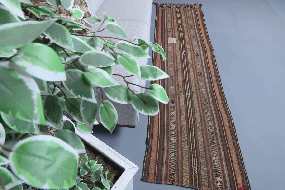 El yapımı vintage yolluk 74x279 cm kilim desenli yün - detay görünümü