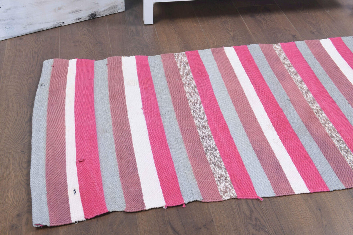 El yapımı vintage yolluk 74x170 cm çizgili desenli yün - yakın çekim doku detayı