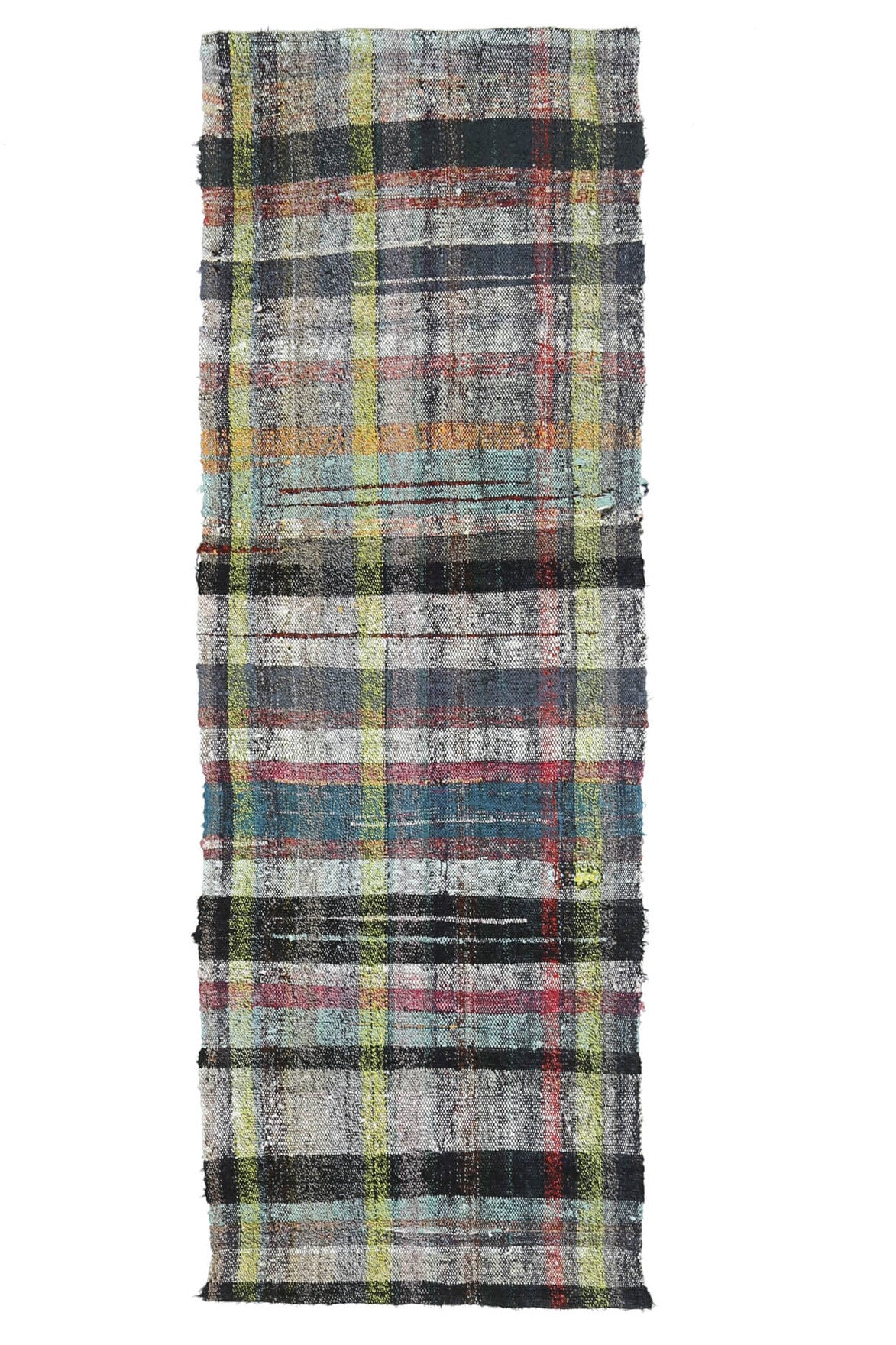 El yapımı vintage yolluk 79x234 cm kareli desenli yün - ışık altında renk detayı