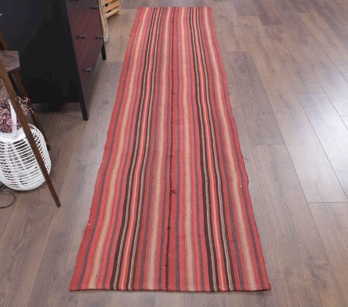 El yapımı vintage yolluk 76x310 cm çizgili desenli yün - detay görünümü