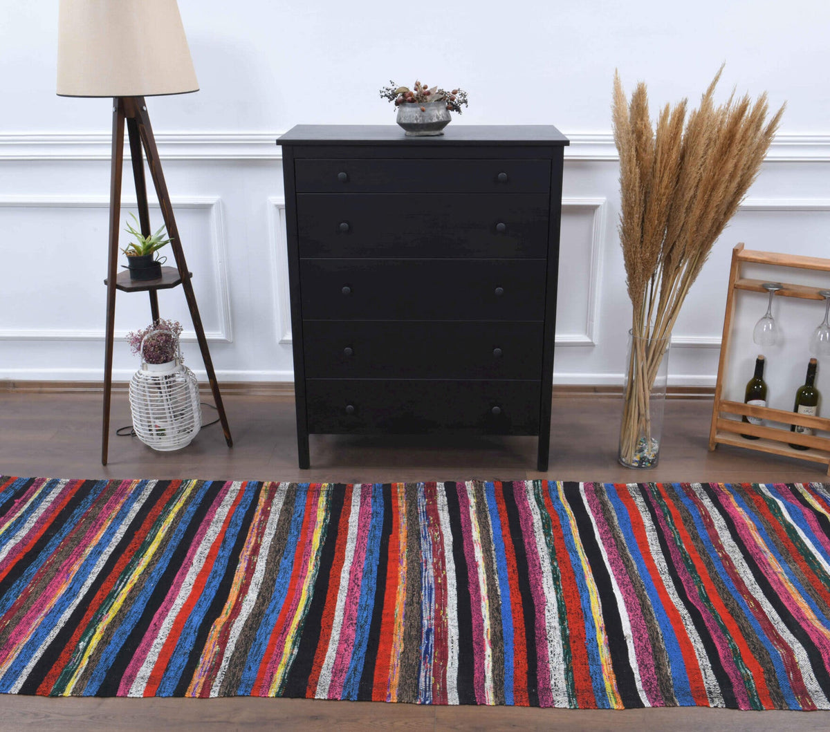 Antre ve koridor için çizgili vintage kilim yolluk – 107x336 cm