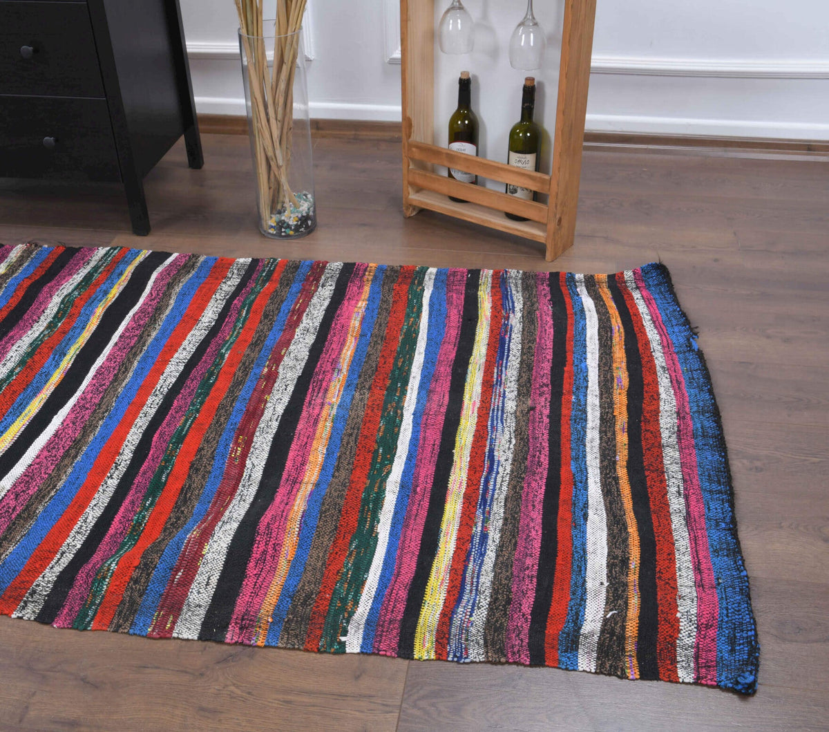 Vintage yolluk 107x336 cm – kırmızı ve mavi çizgili, el dokuma