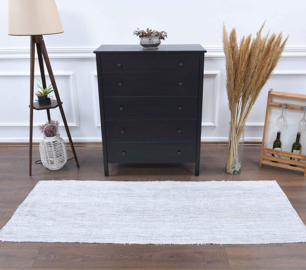 Beyaz renkli vintage kilim yolluk, %100 yün dokuma