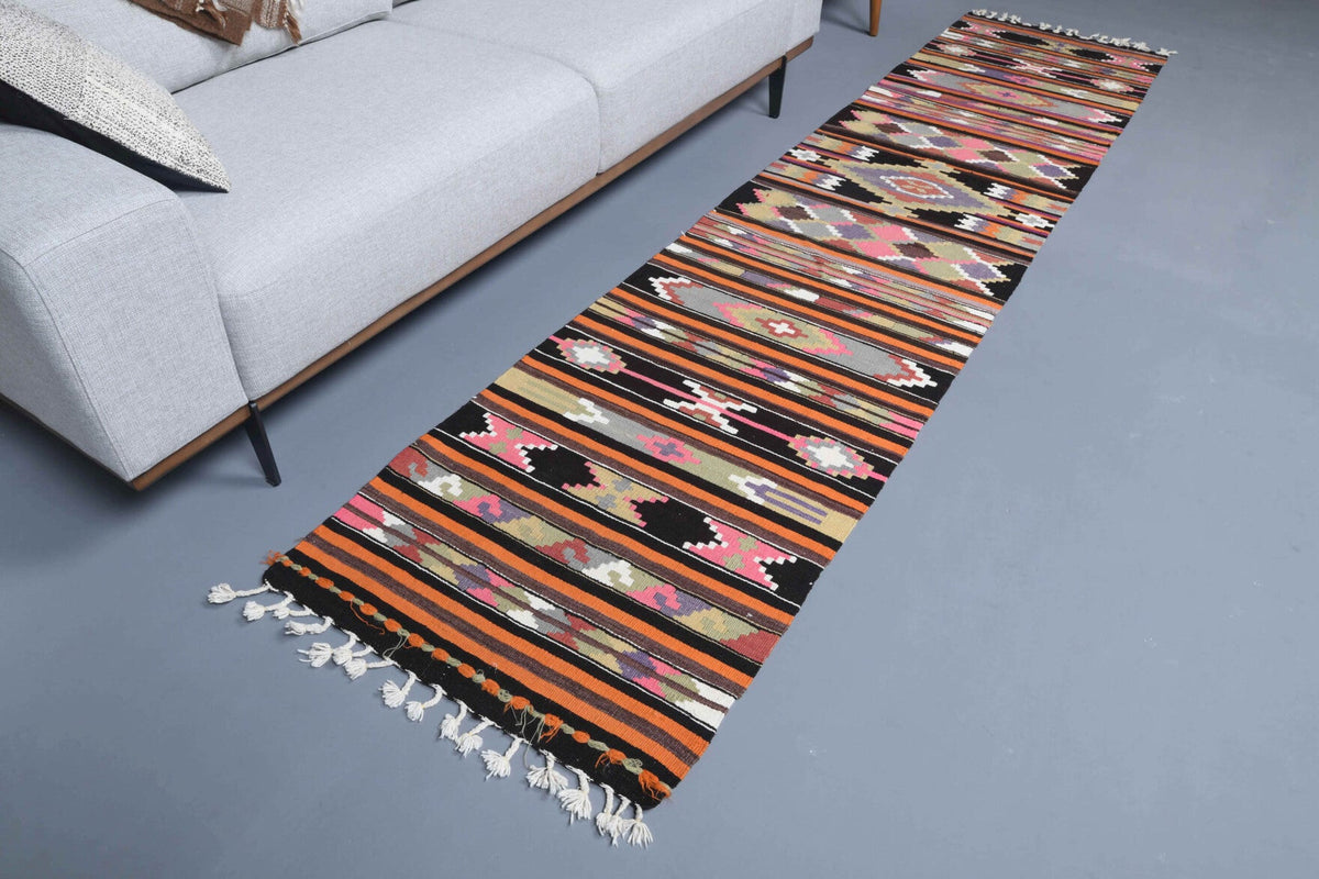El yapımı vintage yolluk 71x318 cm çizgili desenli yün - yakın çekim doku detayı