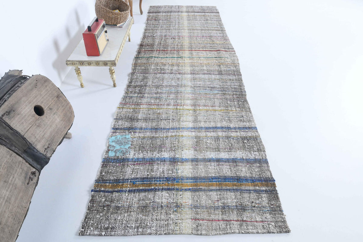 1960'lardan Anadolu kökenli çizgili vintage kilim yolluk, 110x370 cm