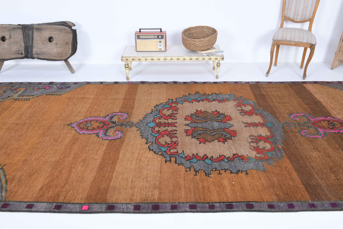 El yapımı vintage yolluk 178x447 cm oryantal desenli yün - yakın çekim doku detayı