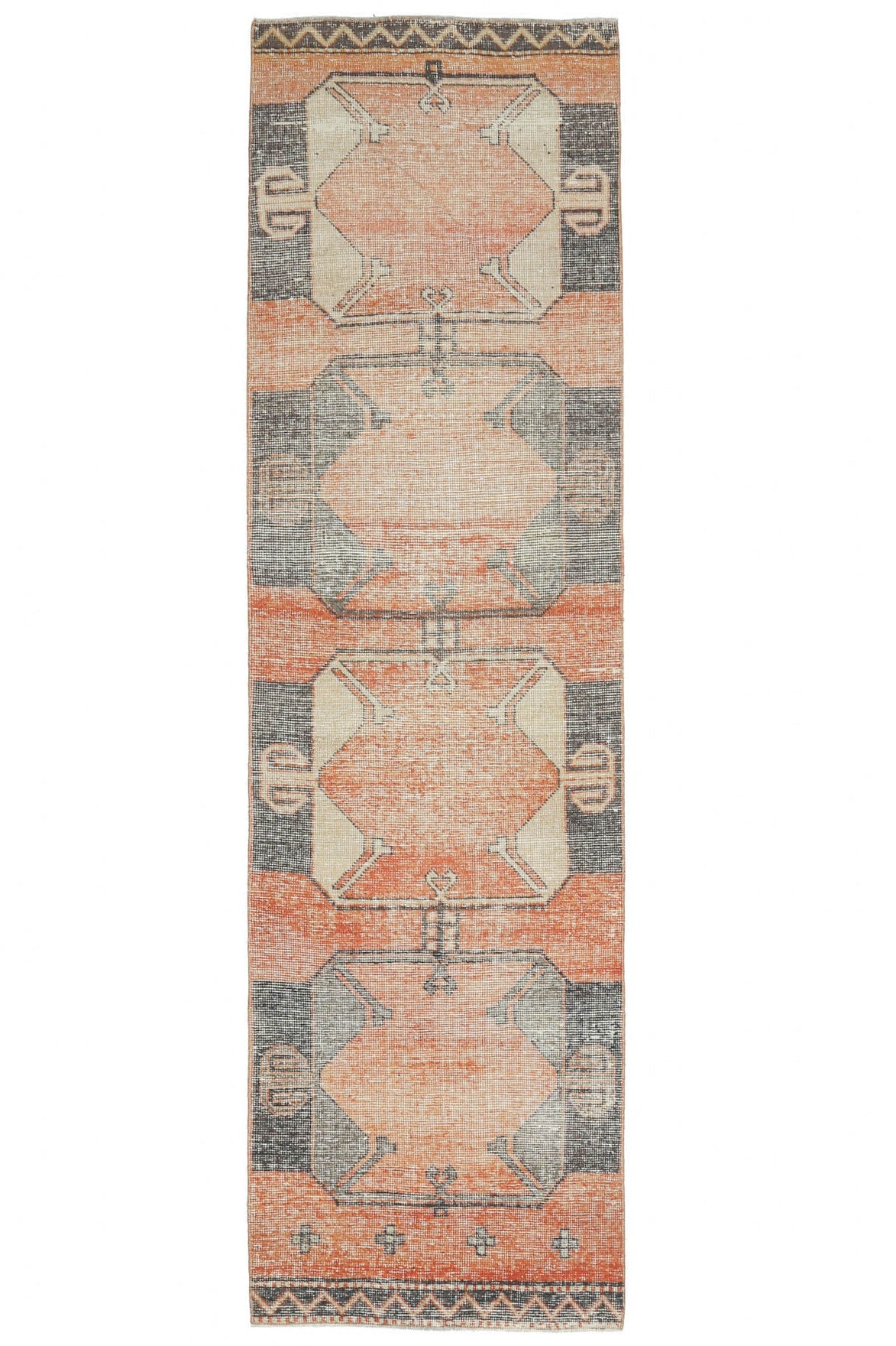 83x305 cm turuncu ve bej tribal desenli el dokuma vintage yolluk – üstten tam görünüm