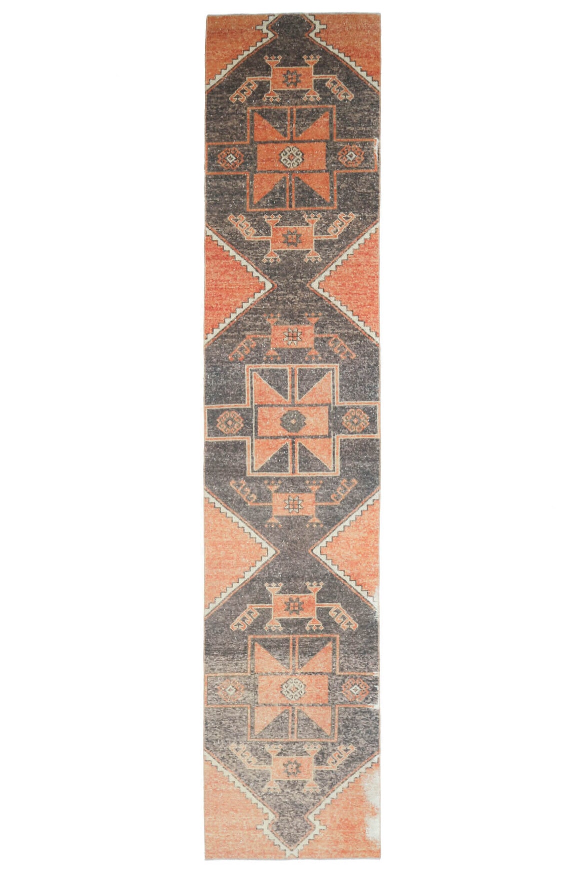 80x394 cm turuncu ve kahverengi geometrik desenli el dokuma vintage yolluk – üstten tam görünüm