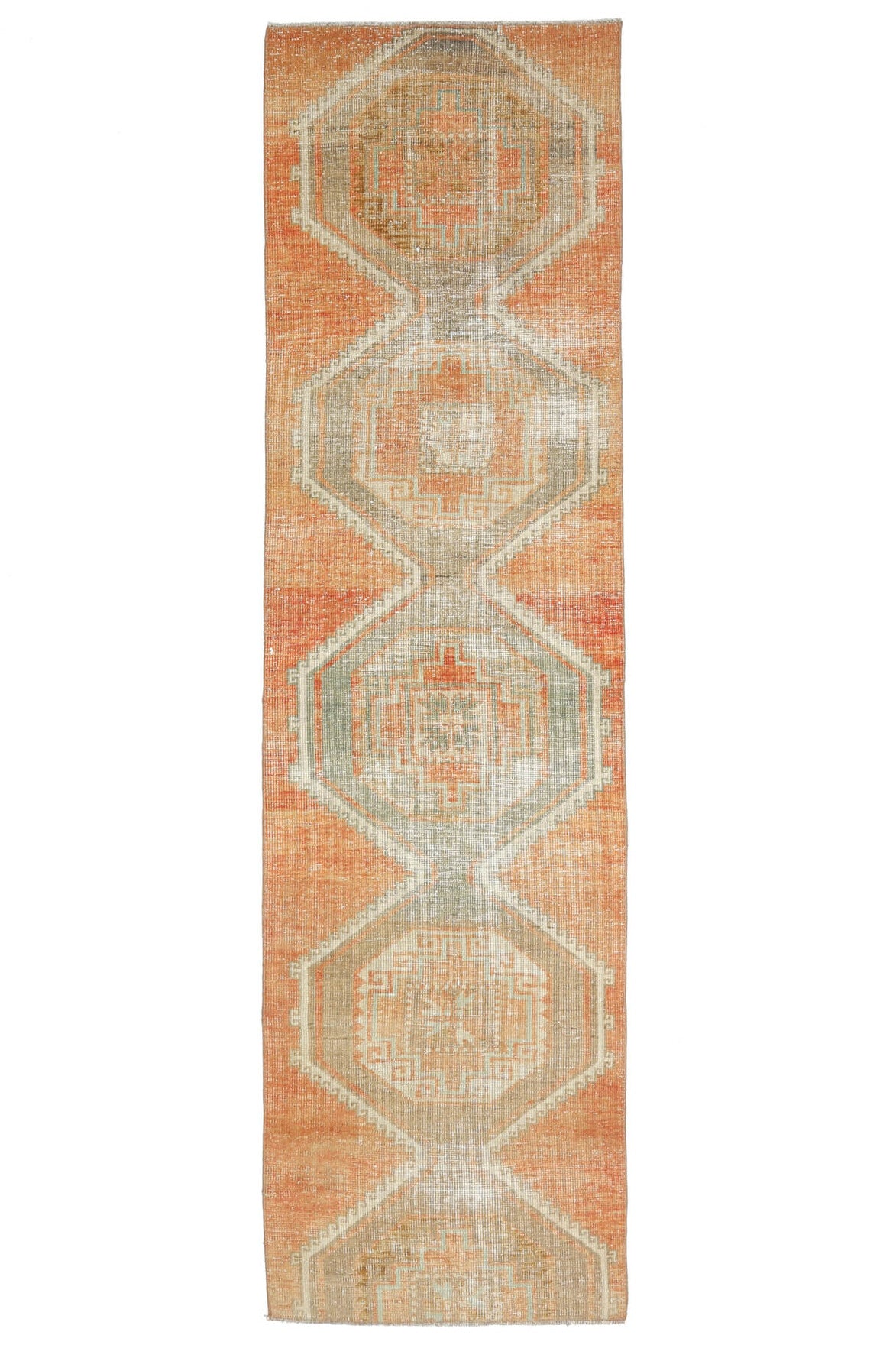 78x296 cm turuncu geometrik desenli el dokuma vintage yolluk – üstten tam görünüm