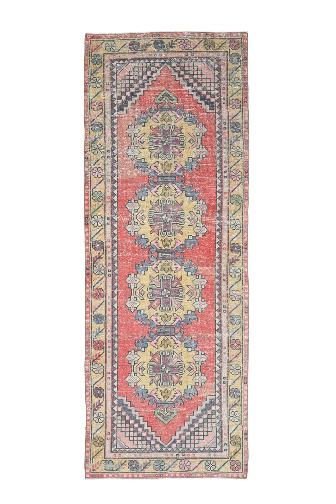 98x280 cm pembe, turuncu ve bej oryantal desenli el dokuma vintage yolluk – üstten tam görünüm