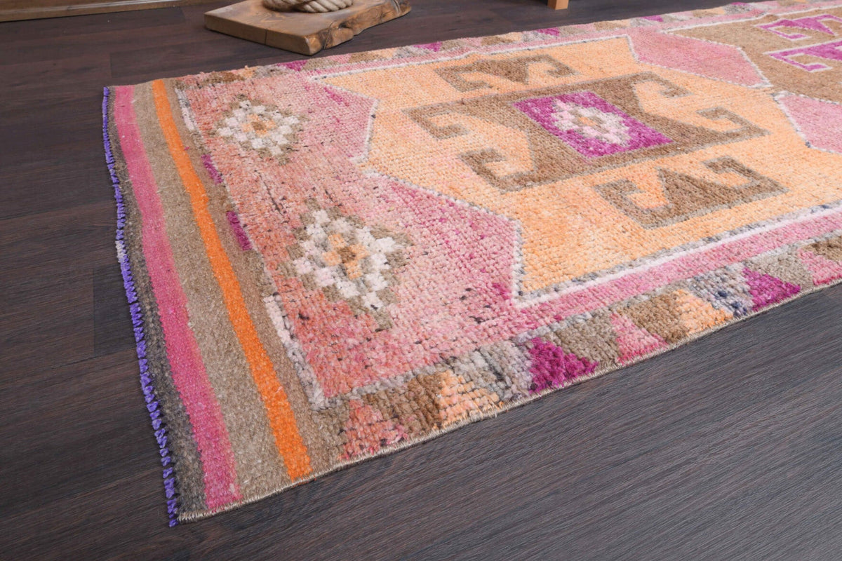Oryantal desenli el dokuma vintage yolluk – turuncu ve pembe tonlarda yün dokuma