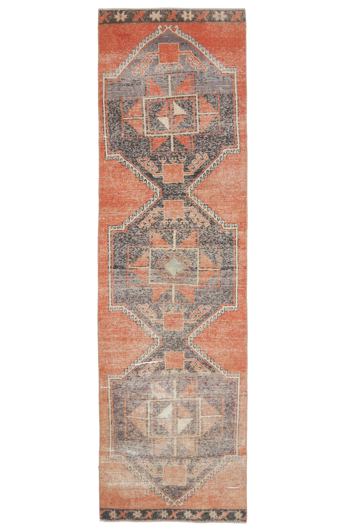 85x300 cm turuncu ve kahverengi geometrik desenli el dokuma vintage yolluk – üstten tam görünüm