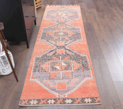 1970'lerden Anadolu kökenli geometrik desenli el dokuma vintage yolluk, 85x300 cm