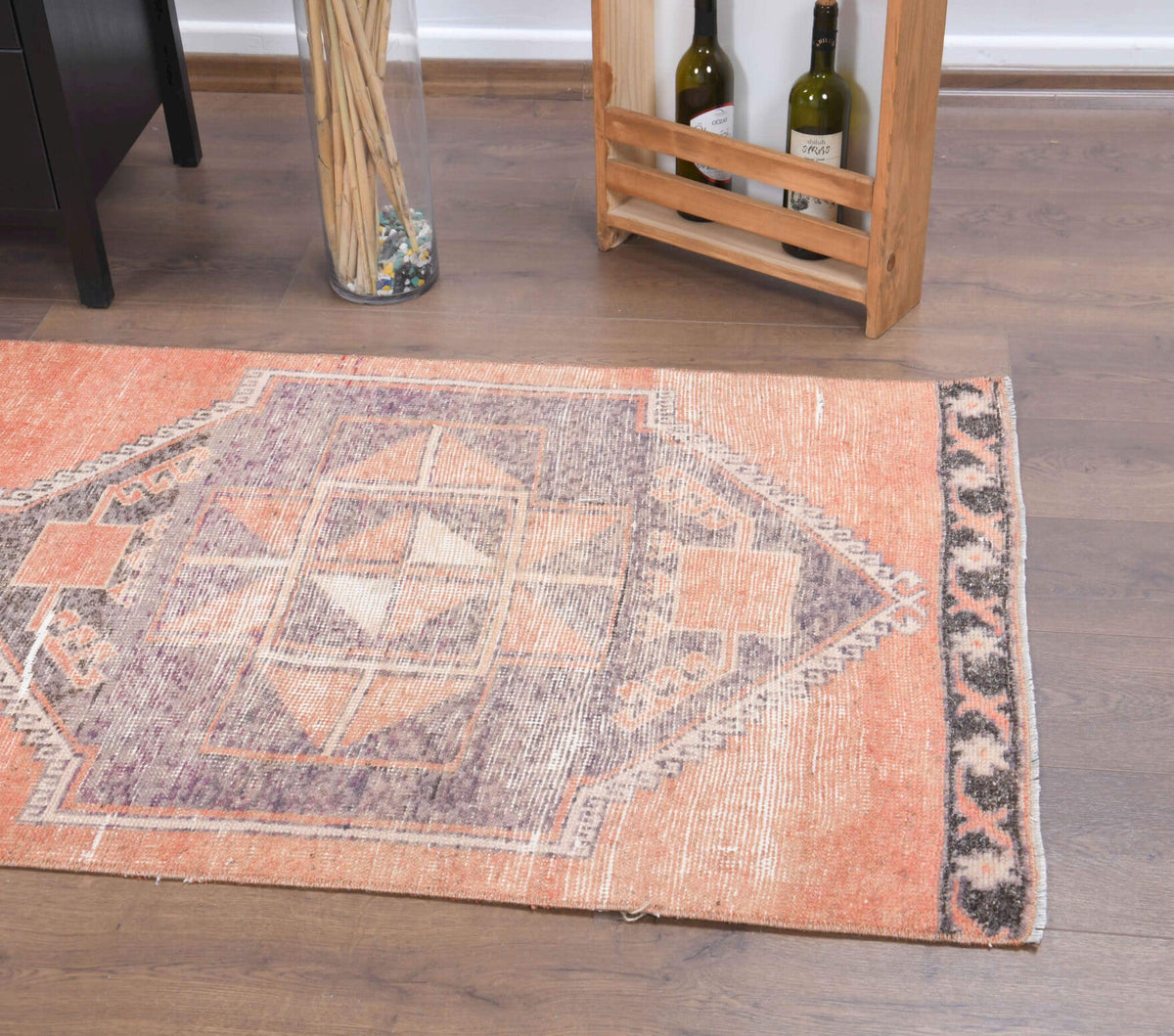 Vintage yolluk 85x300 cm – turuncu ve kahverengi geometrik desenli, el dokuma