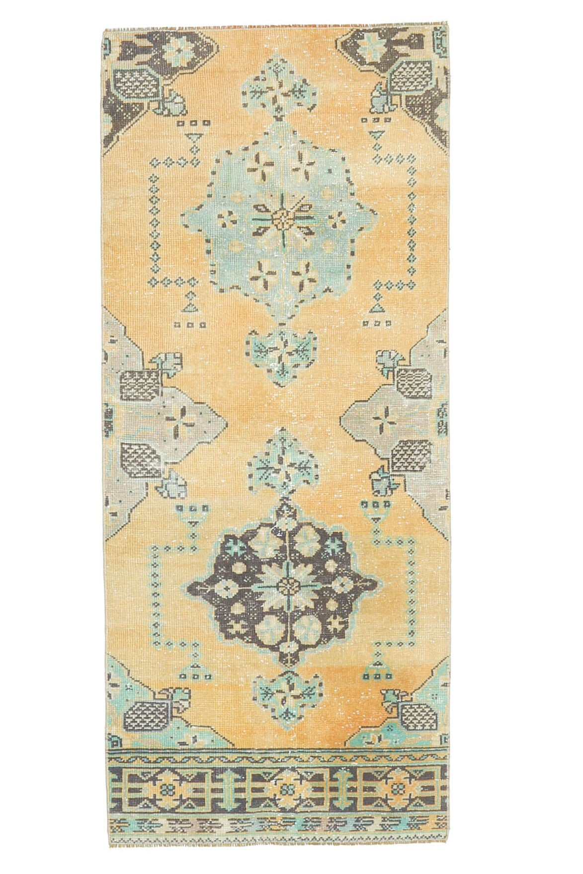 81x200 cm turuncu, bej ve yeşil oryantal desenli el dokuma vintage yolluk – üstten tam görünüm