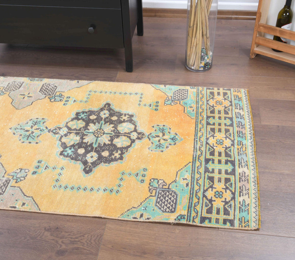 Vintage yolluk 81x200 cm – turuncu, bej ve yeşil oryantal desenli, el dokuma