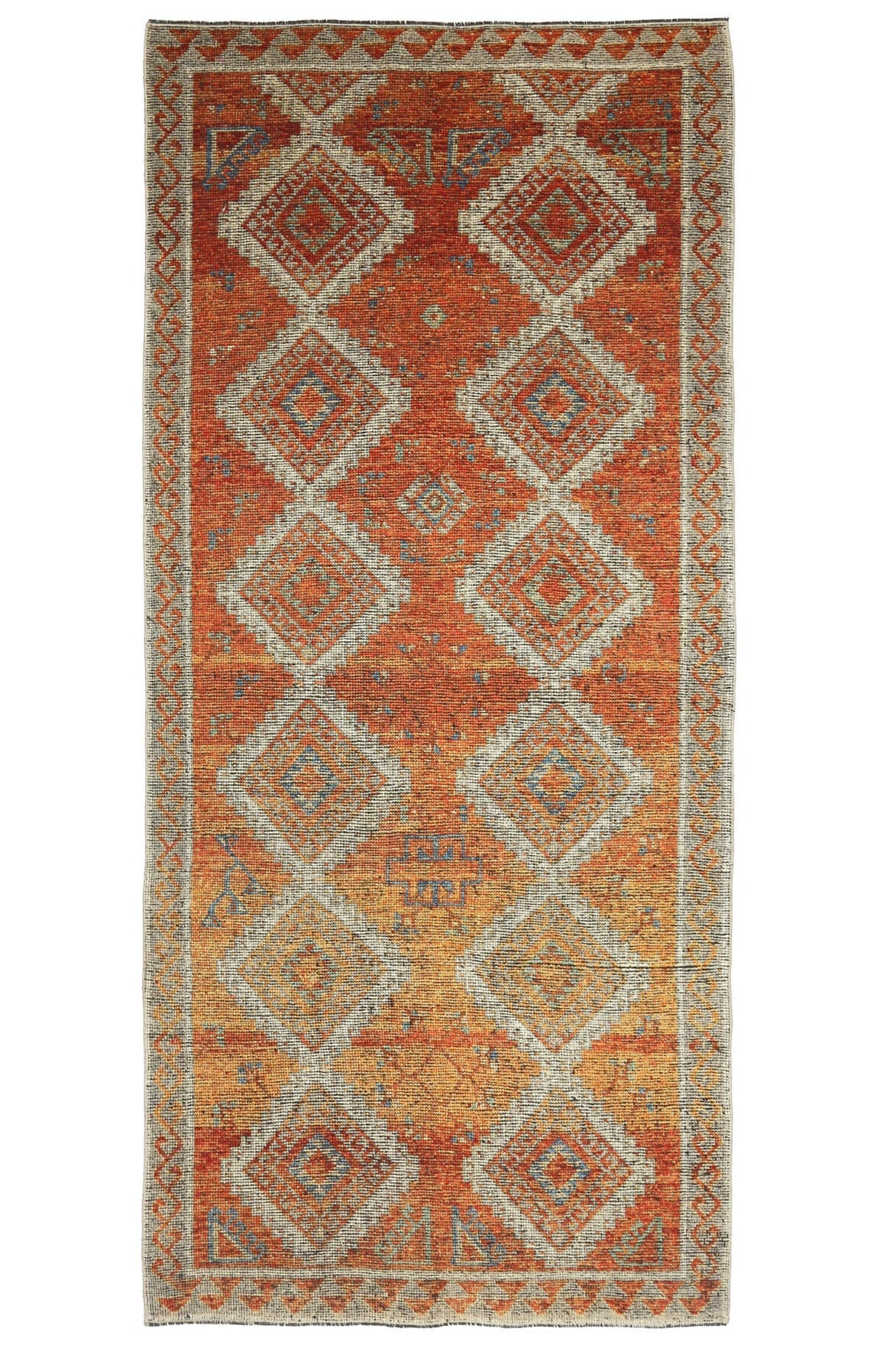 150x333 cm turuncu, kahverengi ve bej geometrik desenli el dokuma vintage yolluk – üstten tam görünüm