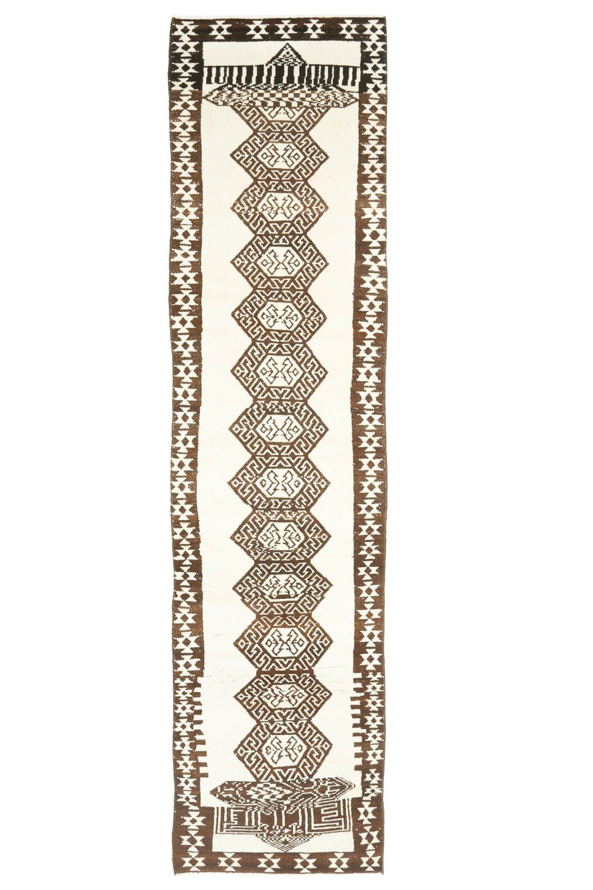 78x354 cm turuncu, bej ve beyaz geometrik desenli el dokuma vintage yolluk – üstten tam görünüm