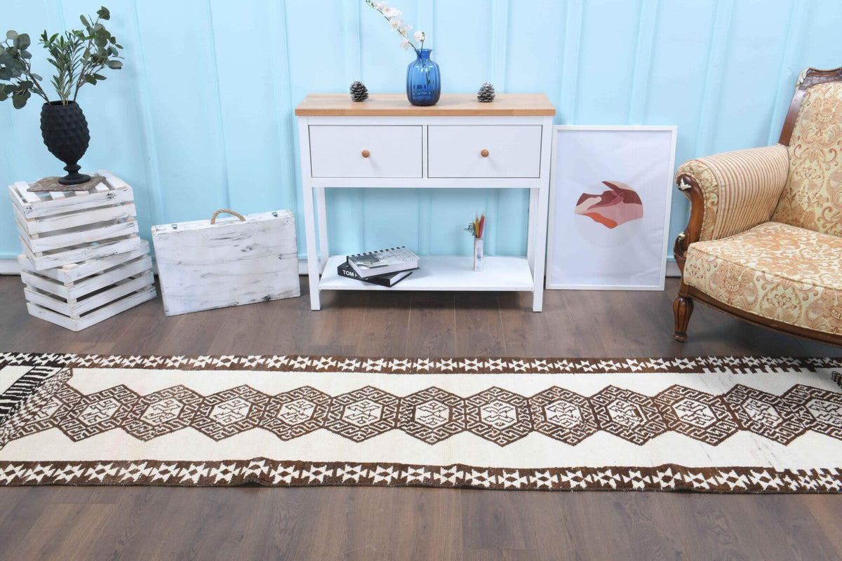Antre ve koridor için geometrik desenli el dokuma vintage yolluk – 78x354 cm