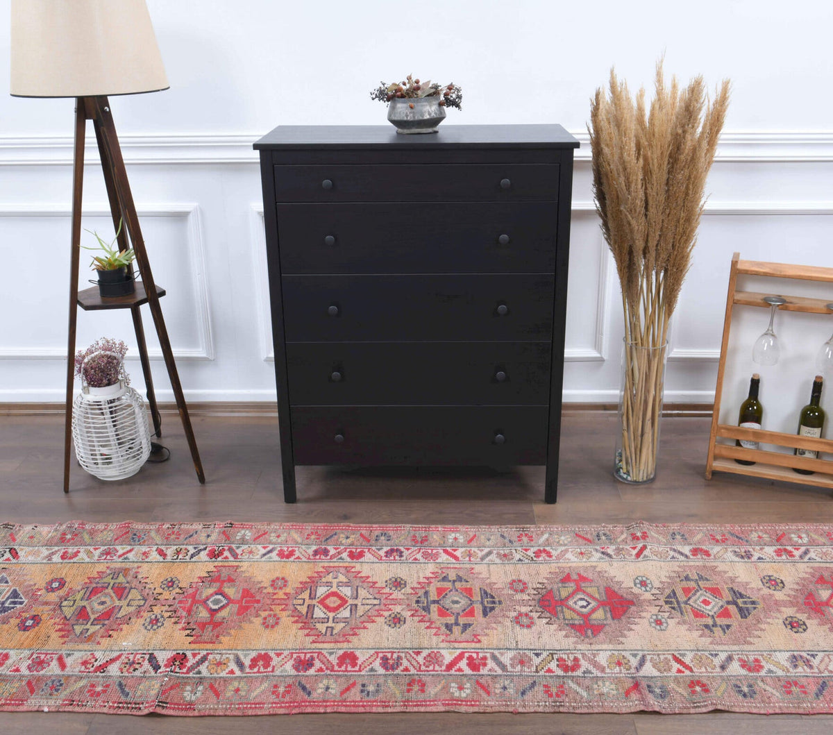 El yapımı vintage yolluk 81x381 cm oryantal desenli yün - üstten görünüm