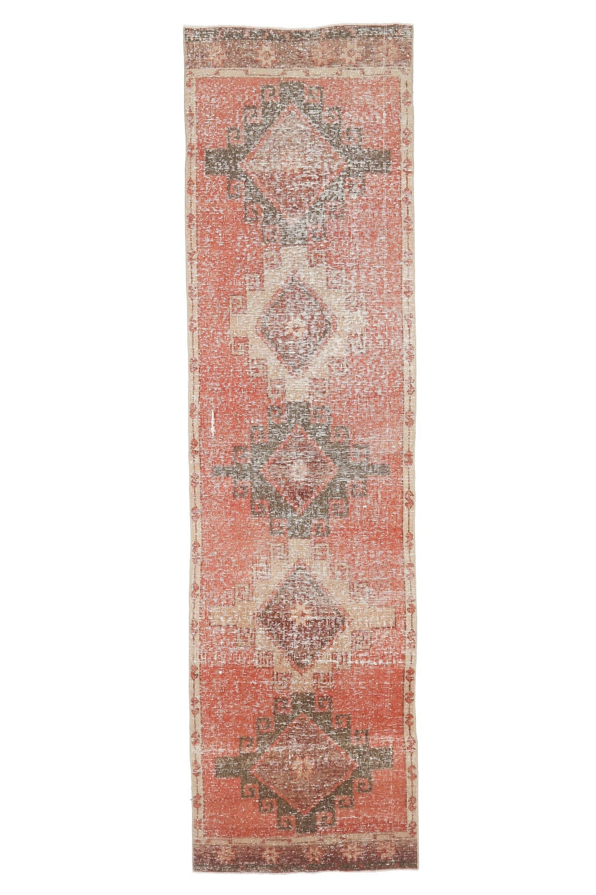89x344 cm turuncu ve pembe geometrik desenli el dokuma vintage yolluk – üstten tam görünüm