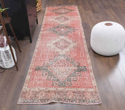 1970'lerden Anadolu kökenli geometrik desenli el dokuma vintage yolluk, 89x344 cm