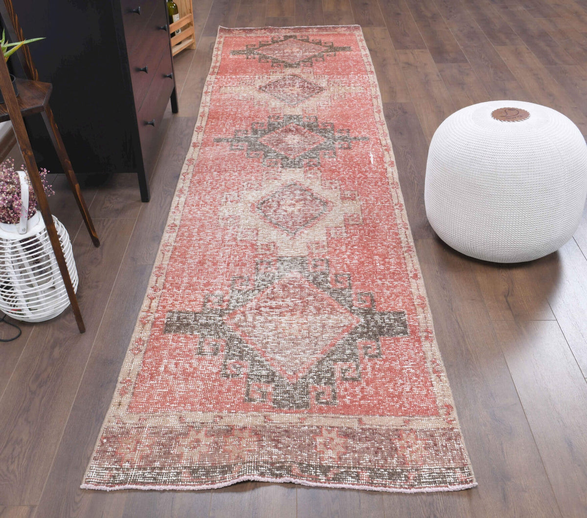 1970'lerden Anadolu kökenli geometrik desenli el dokuma vintage yolluk, 89x344 cm