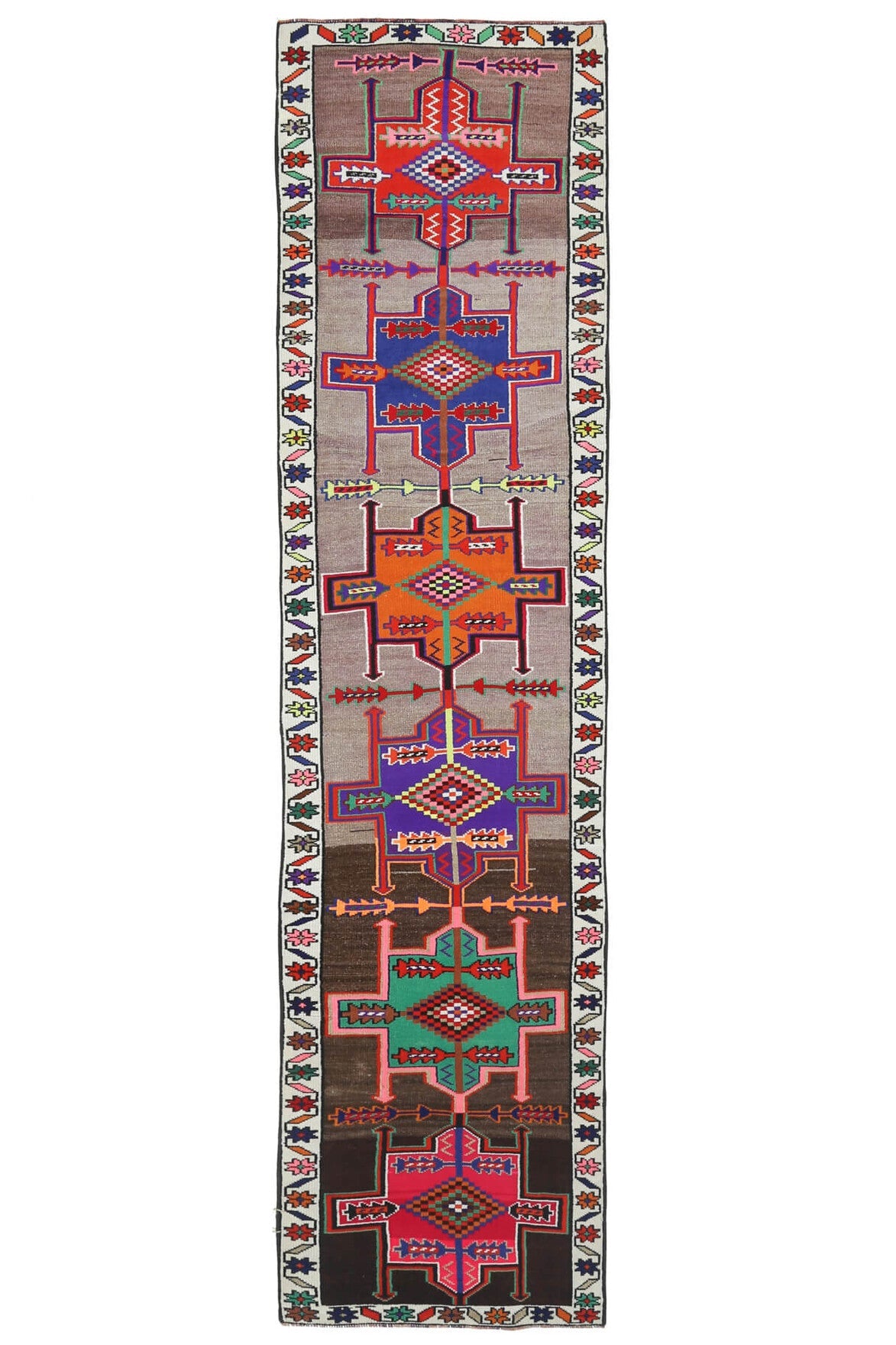 81x347 cm kırmızı ve kahverengi tribal desenli el dokuma vintage yolluk – üstten tam görünüm