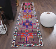 1970'lerden Anadolu kökenli tribal desenli el dokuma vintage yolluk, 81x347 cm