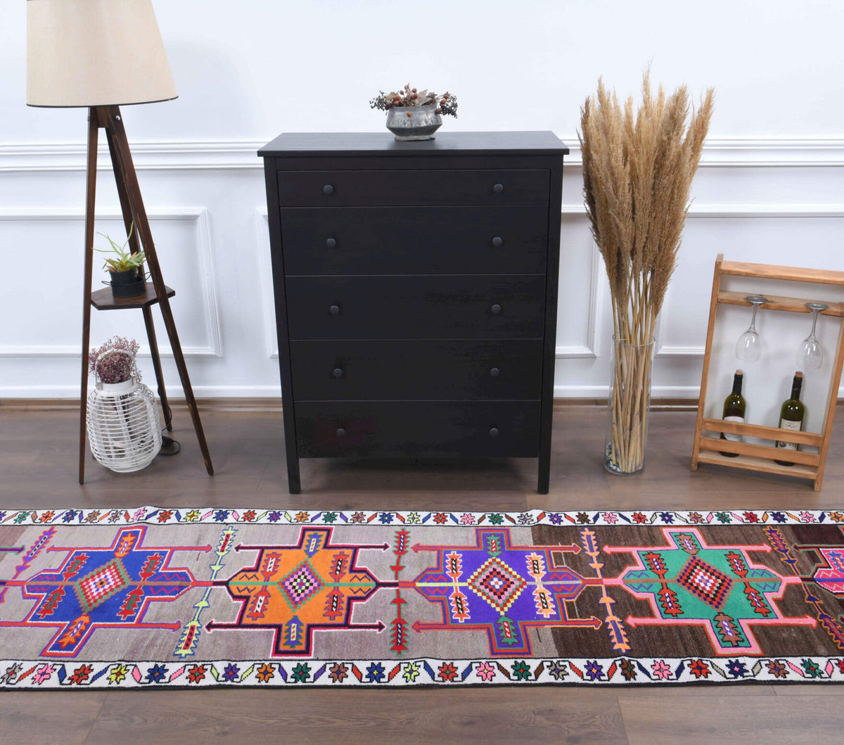 Antre ve koridor için tribal desenli el dokuma vintage yolluk – 81x347 cm