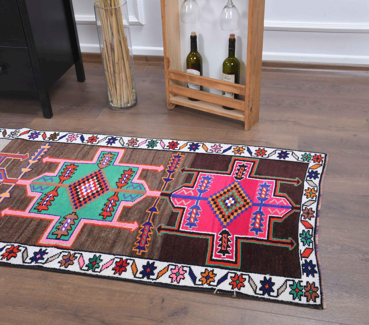 Vintage yolluk 81x347 cm – kırmızı ve kahverengi tribal desenli, el dokuma