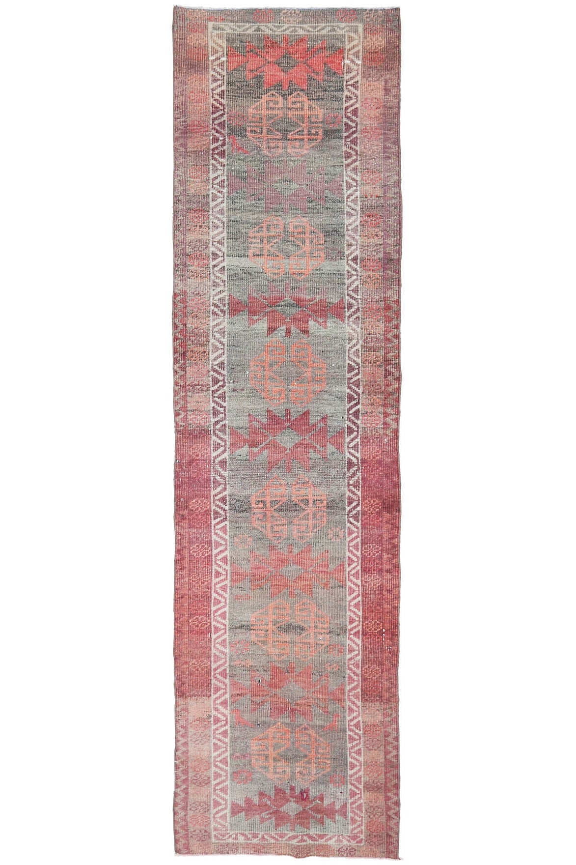 91x354 cm pembe, turuncu ve kırmızı oryantal desenli el dokuma vintage yolluk – üstten tam görünüm