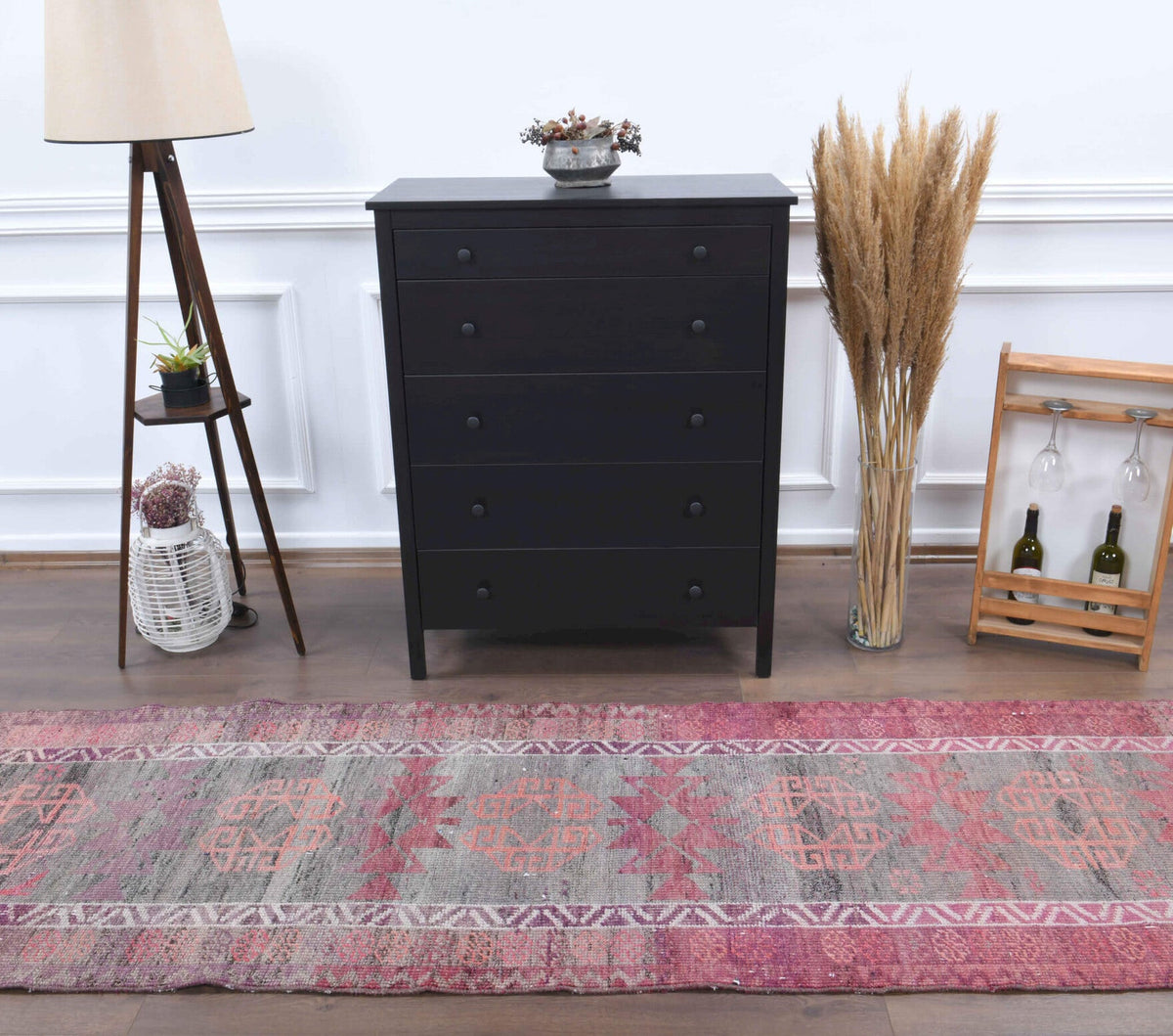 Antre ve koridor için oryantal desenli el dokuma vintage yolluk – 91x354 cm