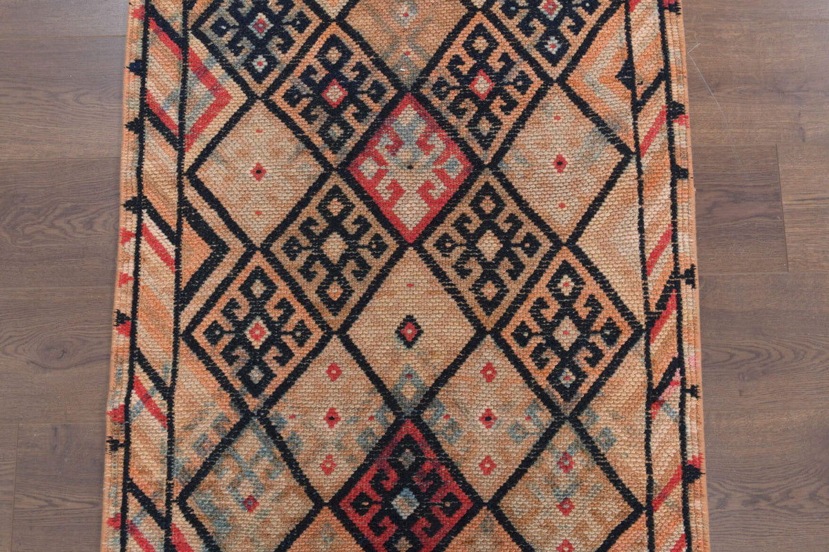El yapımı vintage yolluk 61x305 cm i̇kat desenli yün - yakın çekim doku detayı