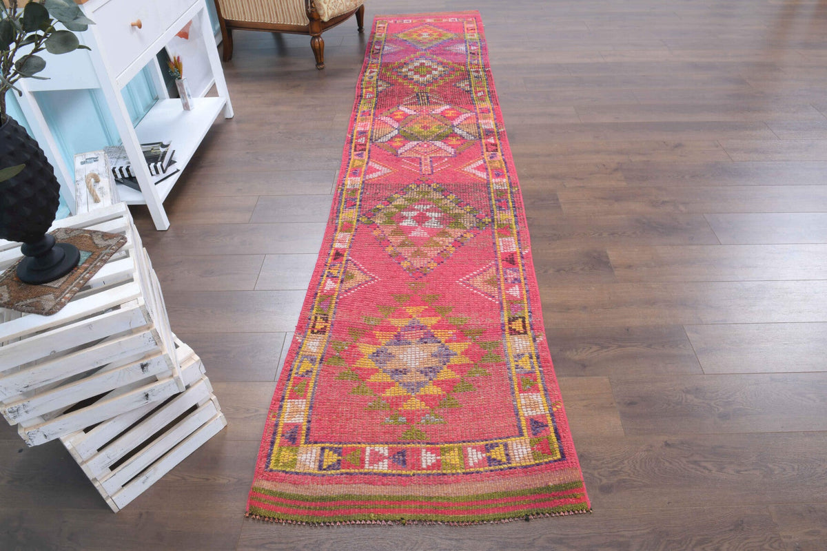 1970'lerden Anadolu kökenli oryantal desenli el dokuma vintage yolluk, 79x371 cm
