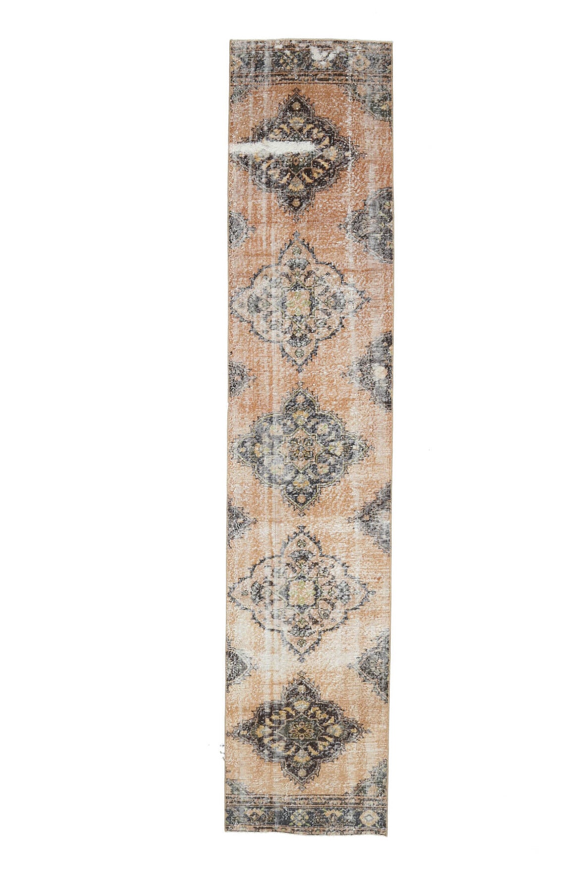 75x360 cm turuncu, bej ve kahverengi oryantal desenli el dokuma vintage yolluk – üstten tam görünüm