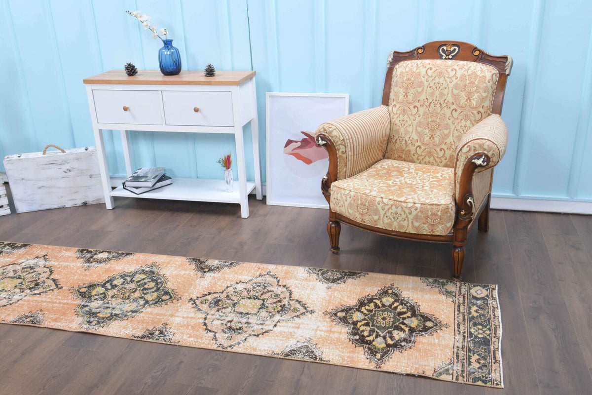 Antre ve koridor için oryantal desenli el dokuma vintage yolluk – 75x360 cm