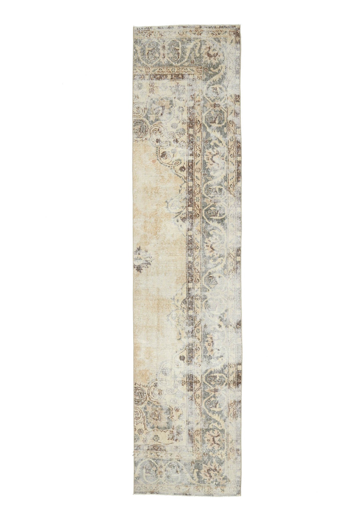 77x336 cm bej ve turuncu oryantal desenli el dokuma vintage yolluk – üstten tam görünüm